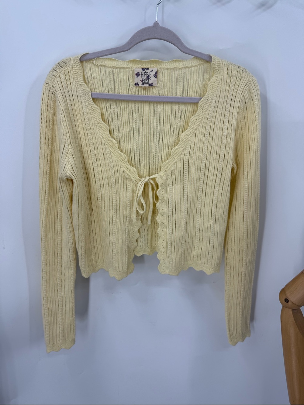 Hippie Rose Lemon Ribbed Tie-Front Cardigan - Pale Yellow